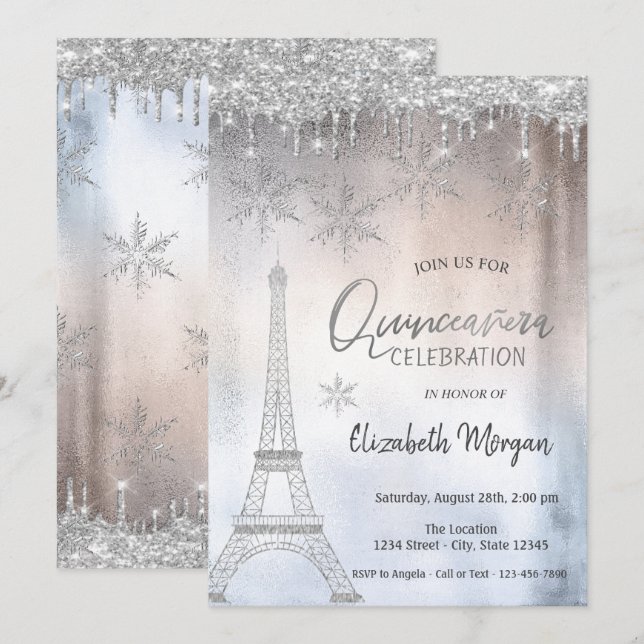 Glitzer Drops Eiffelturm Schneeflocken Quinceañera Einladung (Vorne/Hinten)