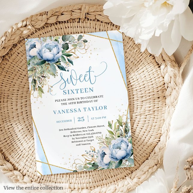 Glitzer Dusty Blue White Gold Blume Sweet 16 Einladung (Glitter Dusty Blue White Gold Flowers Sweet 16 Invitation)