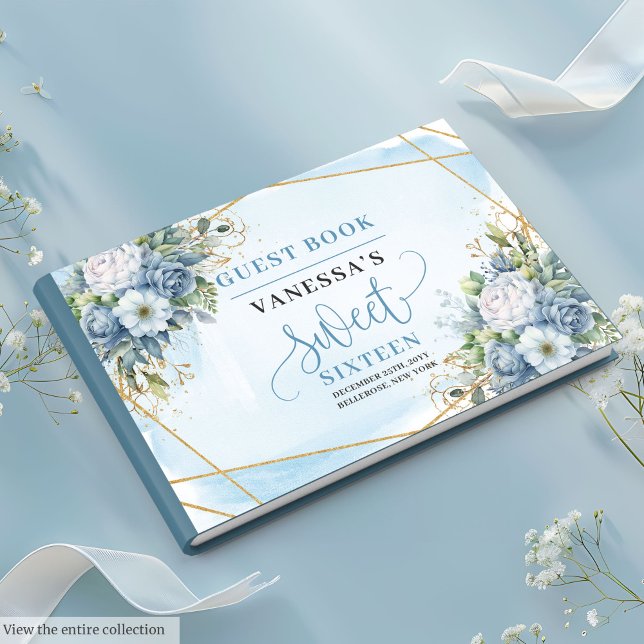 Glitzer Dusty Blue White Gold Blume Sweet 16. Gästebuch (Glitter Dusty Blue White Gold Flowers Sweet Sixteen Guest Book)