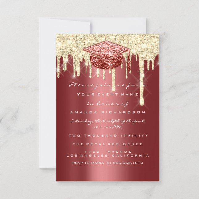 Glitzer Effect Tropfens Gold Graduate Party Burgun Einladung (Vorderseite)
