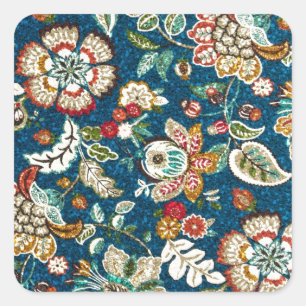 Glitzer-Effekt mit Blumen auf dunkelblaues Quadratischer Aufkleber