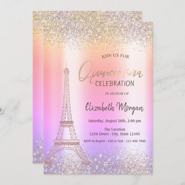 Glitzer Eiffel Confetti Ombre Quinceañera Einladung (Vorne/Hinten)