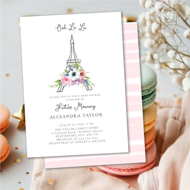 Glitzer Eiffel Paris Floral Pink Girl Babydusche Einladung (Von Creator hochgeladen)