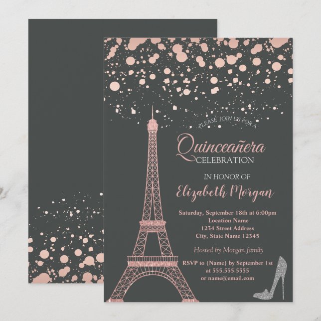 Glitzer Eiffelturm, Heelses Dots Quinceañera Einladung (Vorne/Hinten)
