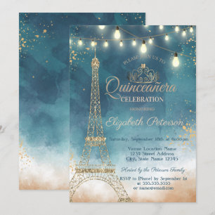 Glitzer Eiffelturm, Tiara Wasserfarbe Quinceañera Einladung