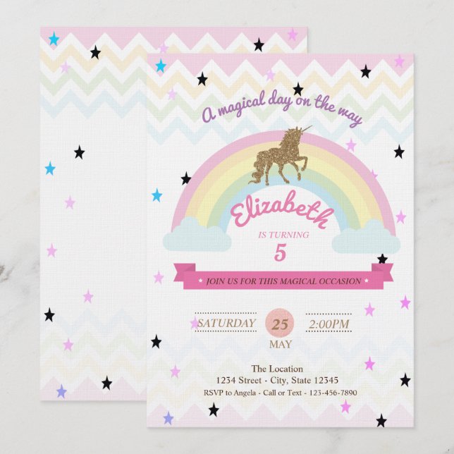 Glitzer Einhorn, Regenbogenstars Einladung zum Geb (Vorne/Hinten)