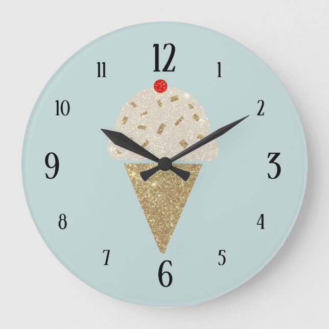 Glitzer-Eiscreme-Kegel-rote Kirsche auf Blau Große Wanduhr (Vorderseite)