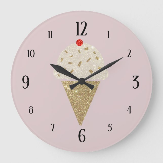 Glitzer Eiscreme Rote Kirsche auf Rosa Große Wanduhr (Vorderseite)