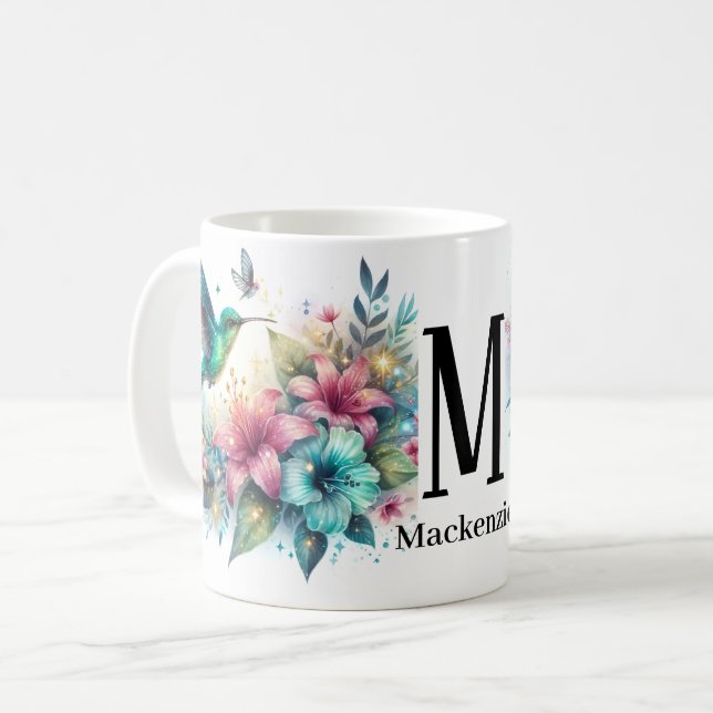 Glitzer Elegant Hummingbird Monogram Kaffeetasse (Vorderseite Links)
