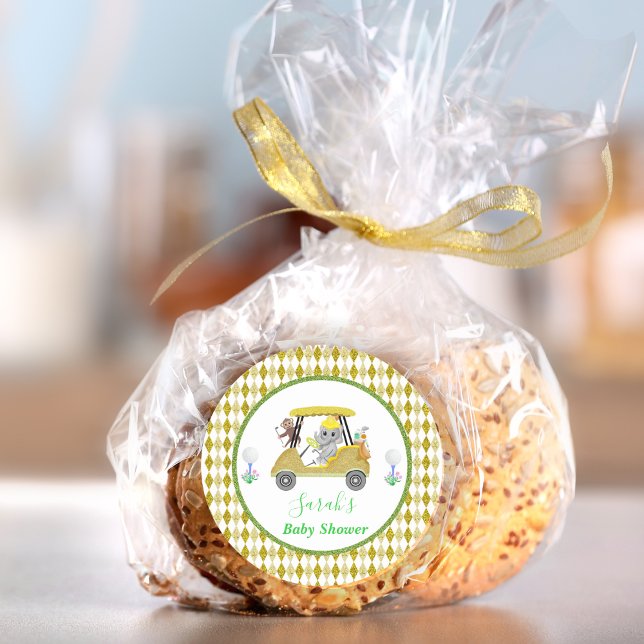 Glitzer Elephant & Monkey Golf Baby Dusche Rückfah Runder Aufkleber (Von Creator hochgeladen)