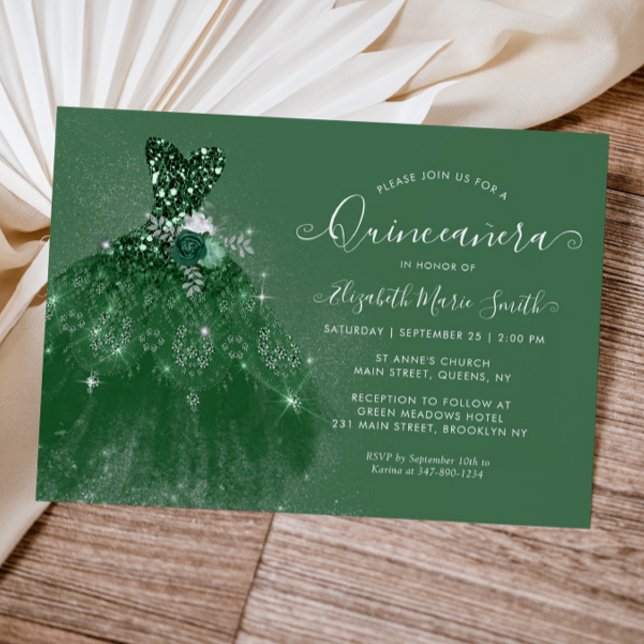 Glitzer Emerald Green Silver Dress Quinceanera Einladung (Von Creator hochgeladen)