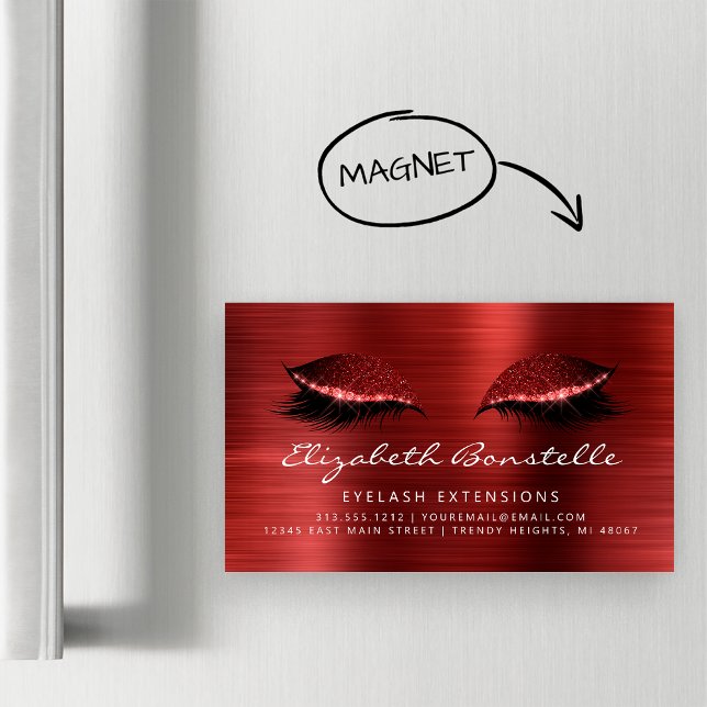Glitzer Eyes Brushed Metal Lash Extensions Red Magnetische Visitenkarte (Von Creator hochgeladen)