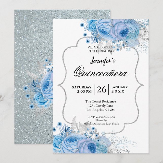 Glitzer Floral Quinceanera Einladung (Vorne/Hinten)