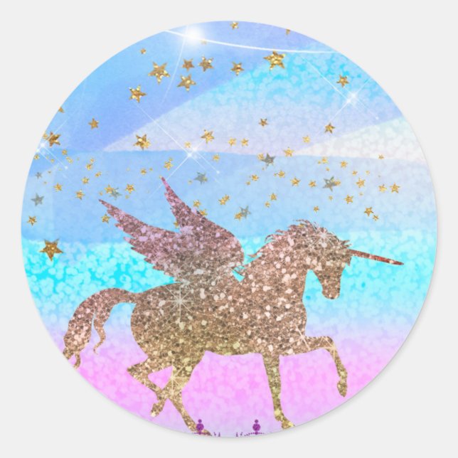 Glitzer Flying Unicorn Magical Birthday Party Runder Aufkleber (Vorderseite)