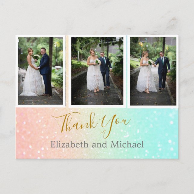Glitzer Foto Collage Elegante Hochzeit Vielen Dank Postkarte (Vorderseite)