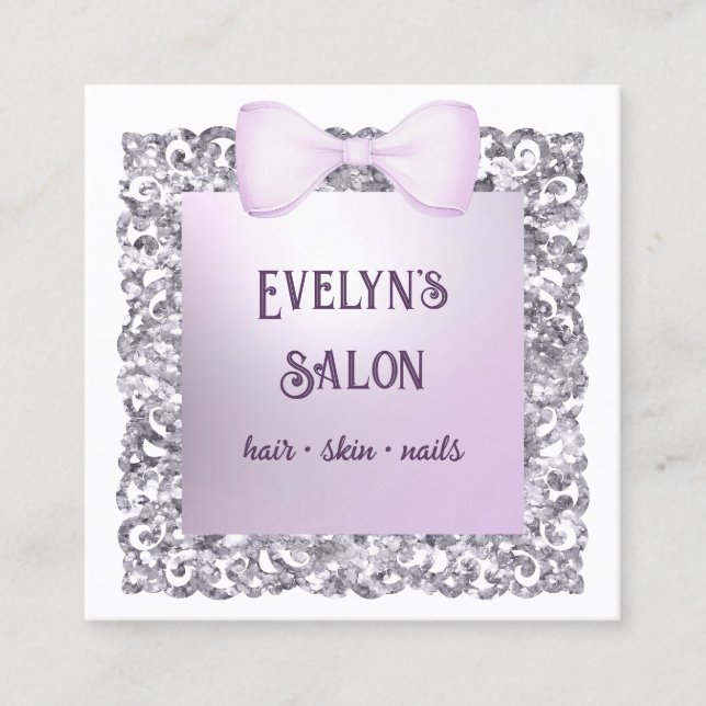 Glitzer Frame Lilac Bow Business Card Quadratische Visitenkarte (Vorderseite)