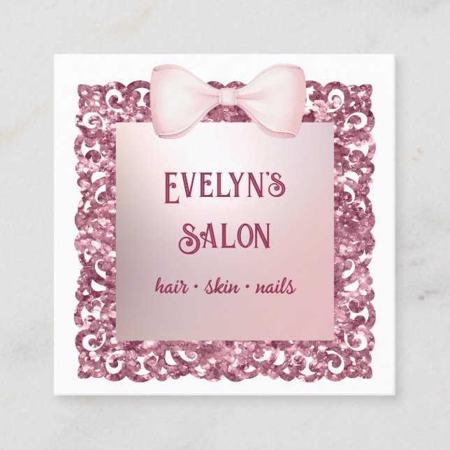 Glitzer Frame Pink Bow Business Card Quadratische Visitenkarte (Vorderseite)