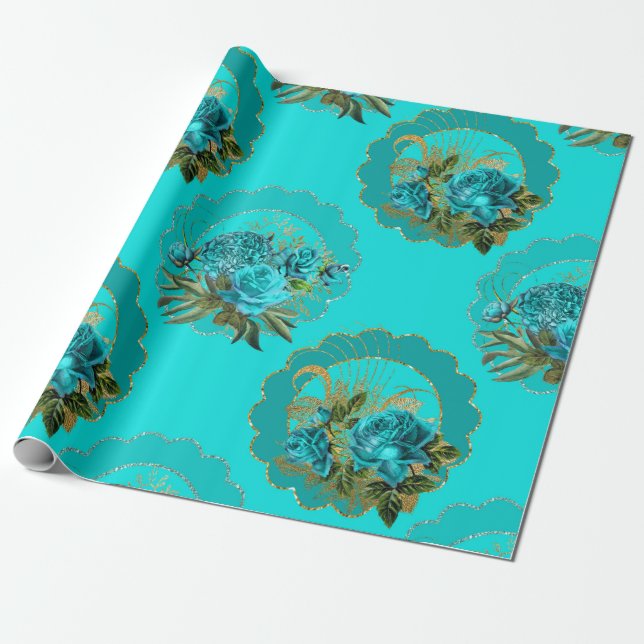Glitzer für aquamarine und Gold Paris Geschenkpapier (Ungerollt)