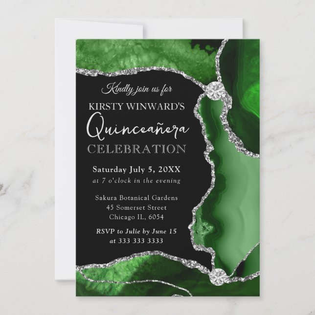 Glitzer für grüne und silberne Imitate Agate Quinc Einladung (Vorderseite)