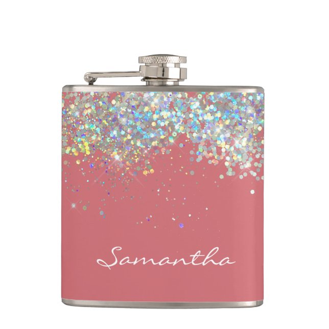Glitzer Girly Individuelle Name Monogram Flachmann (Vorderseite)
