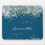 Glitzer Girly Individuelle Name Mousepad<br><div class="desc">Imitate silber funkeln Glitzer mit individuelle Name Option. Spaß mädchenhaft und trendig Design. Ein tolles Büroprodukt. Blauer Hintergrund.</div>