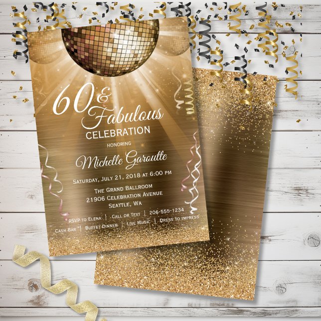 Glitzer Glam 60 und fabelhaftes Gold Disco Ball Einladung (Glitter Glam 60 and Fabulous Gold Disco Ball Invitation)