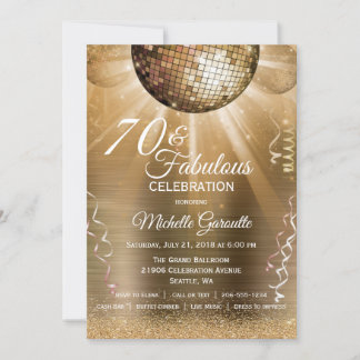 Glitzer Glam 70 und fabelhaftes Gold Disco Ball Einladung