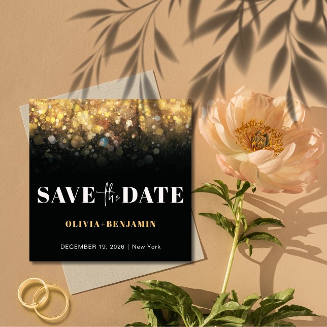 Glitzer Glam Black and Gold Wedding Save the Date Einladung (Glitter Glam Black and Gold Wedding Save The Date Invitation)