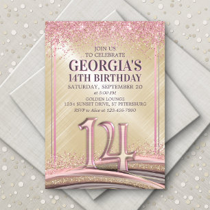 Glitzer Glam Rose Gold 14. Geburtstagsfeier Einlad Einladung