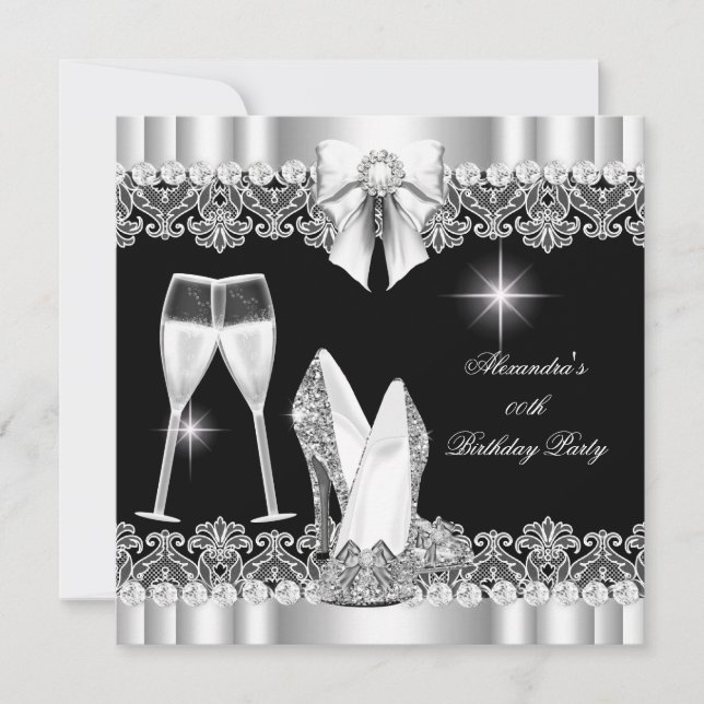 Glitzer Glamour Hi Heelses Silver Black Champagne Einladung (Vorderseite)