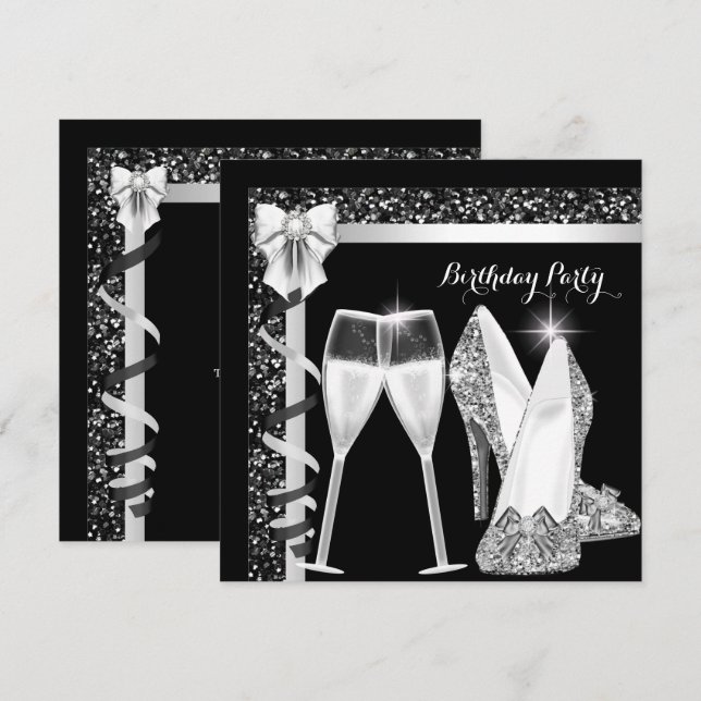 Glitzer Glamour Hi Heelses Silver Black Champagne  Einladung (Vorne/Hinten)
