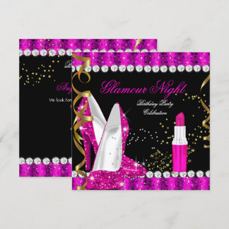Glitzer Glamour Hot Pink Gold Black Birthday Einladung