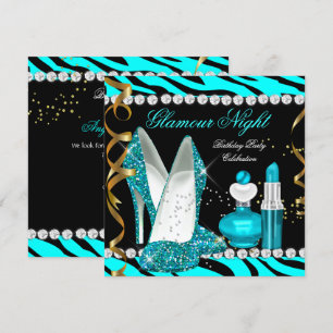 Glitzer Glamour Night Aquamarin Blue Gold Zebra Einladung