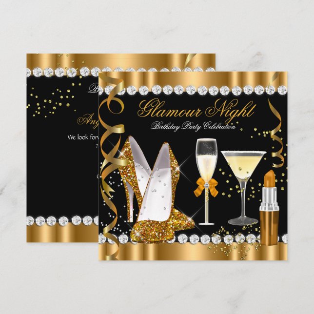 Glitzer Glamour Night Gold Black Silver Party Einladung (Vorne/Hinten)