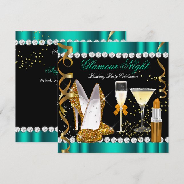 Glitzer Glamour Night Jade Gold Black Party 2 Einladung (Vorne/Hinten)