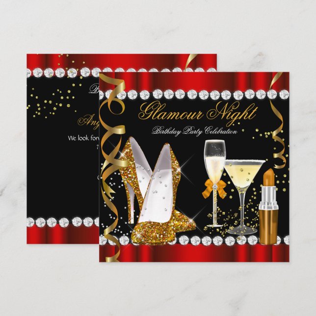 Glitzer Glamour Night Red Gold Black Party Einladung (Vorne/Hinten)