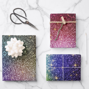 Glitzer glänzende Sterne Regenbogen lila Christmes Geschenkpapier Set
