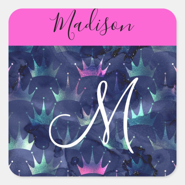 Glitzer Glitzern Mermaid Crowns Monogram Quadratischer Aufkleber (Vorderseite)