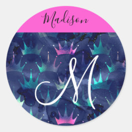 Glitzer Glitzern Mermaid Crowns Monogram Runder Aufkleber
