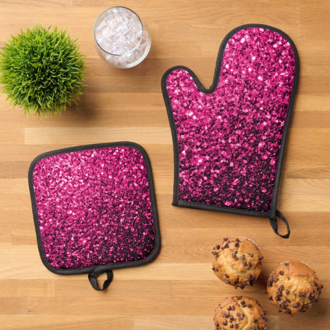 Glitzer-Glitzern mit heißen rosa Imitaten Ofenhandschuh & Topflappen-Set (Oben Unten)