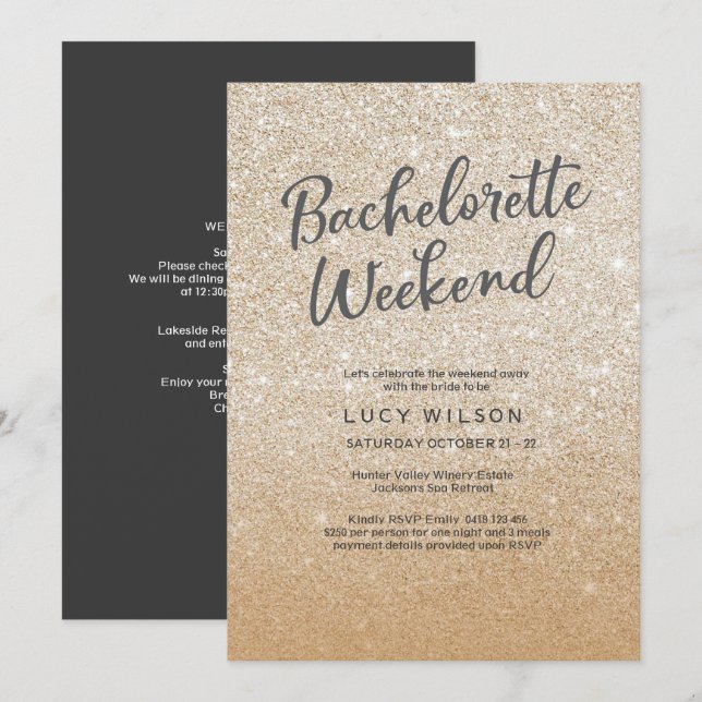 Glitzer Gold Bachelorette Wochenende Einladung (Vorne/Hinten)