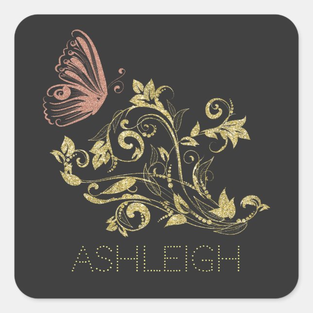 Glitzer Gold Blühe Schmetterling Personalisiert Quadratischer Aufkleber (Vorderseite)