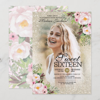Glitzer Gold Blumenfoto Vorlage Sweet 16 Party