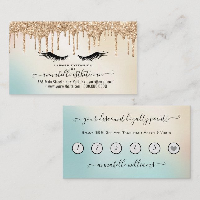Glitzer Gold Eyelash Extension Loyalty Business Visitenkarte (Vorne/Hinten)