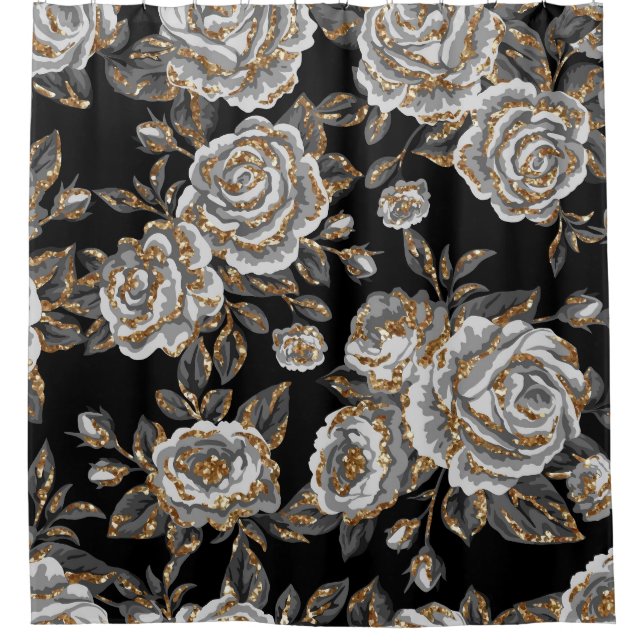 Glitzer Gold Floral: Sparkle Vintag. Duschvorhang (Vorderseite)