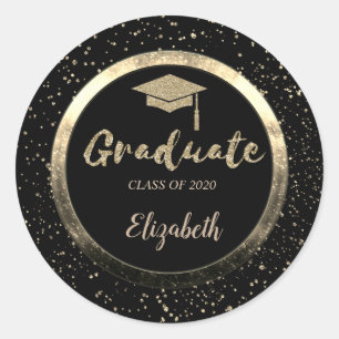 Glitzer Gold Grad Cap, Confetti, Black Runder Aufkleber
