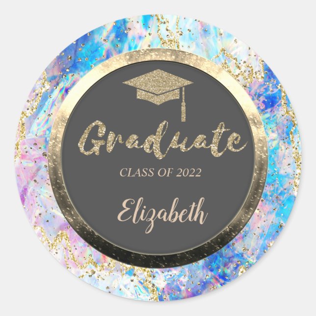 Glitzer Gold Grad Cap, Confetti, Holografischer Op Runder Aufkleber (Vorderseite)