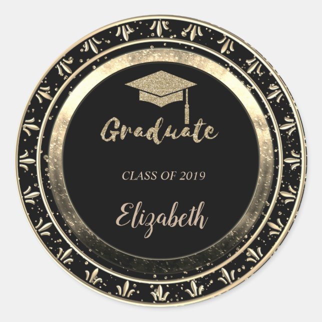 Glitzer Gold Grad Cap, Confetti - Personalisiert Runder Aufkleber (Vorderseite)