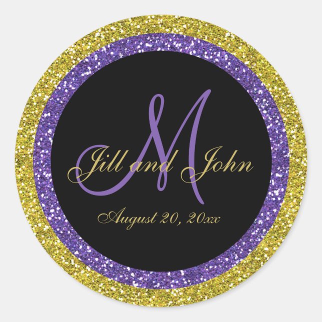 Glitzer Gold Lila Wedding Monogram Siegel Aufklebe Runder Aufkleber (Vorderseite)