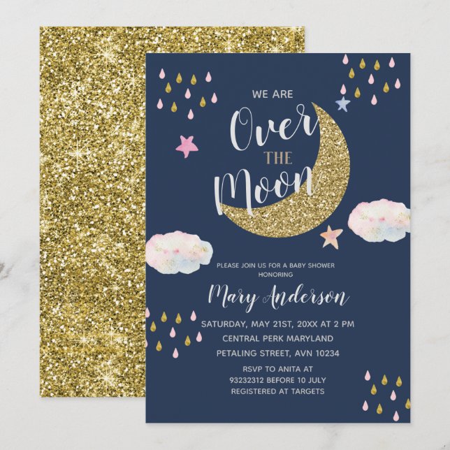 Glitzer Gold Moon Babydusche Einladung (Vorne/Hinten)